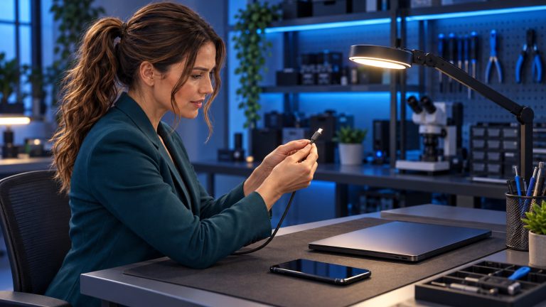 Jennifer Hudsen sits at an electronics workbench and inspects an unplugged USB-C cable connector under a task light.