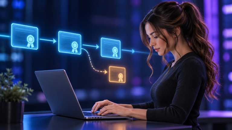 Jennifer Hudsen types on a laptop beside blue certificate validation nodes and one diverted amber certificate.