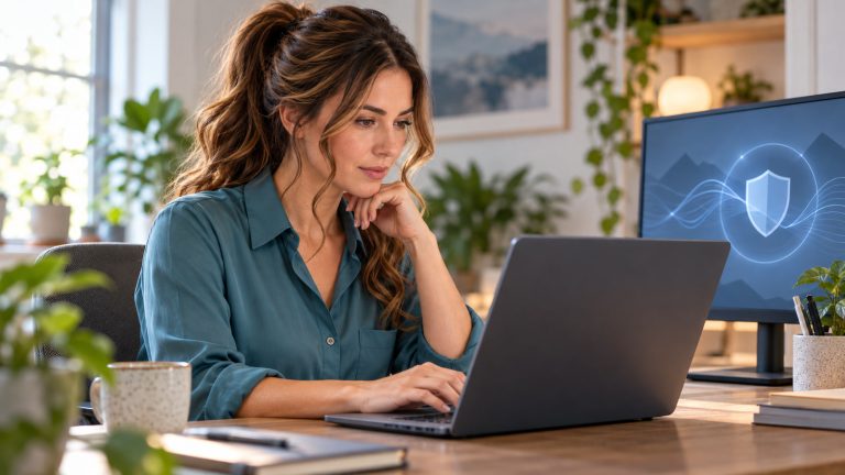 Jennifer Hudsen sits in three-quarter left profile at a small home-office desk, focused on an unbranded dark slate laptop with a soft secondary monitor and an abstract waveform-and-shield motif behind the screen.