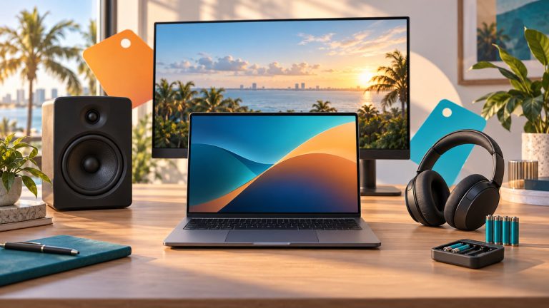 Editorial still life of a desktop monitor, powered studio speaker, headphones, laptop, and rechargeable batteries in warm light.