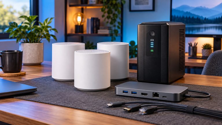 Original editorial illustration of three white mesh Wi-Fi nodes, a black tower-style UPS battery backup, and a gray USB-C docking station on a modern desk.