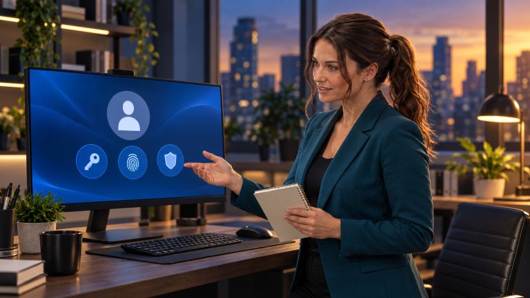 Jennifer Hudsen points to generic password, fingerprint, and security-key sign-in icons on a desktop monitor while holding a recovery notebook.