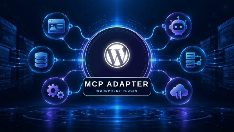 Official WordPress W mark in a glowing central hub connected to abstract website, database, automation, cloud, and AI-agent icons, labeled MCP Adapter — WordPress Plugin.