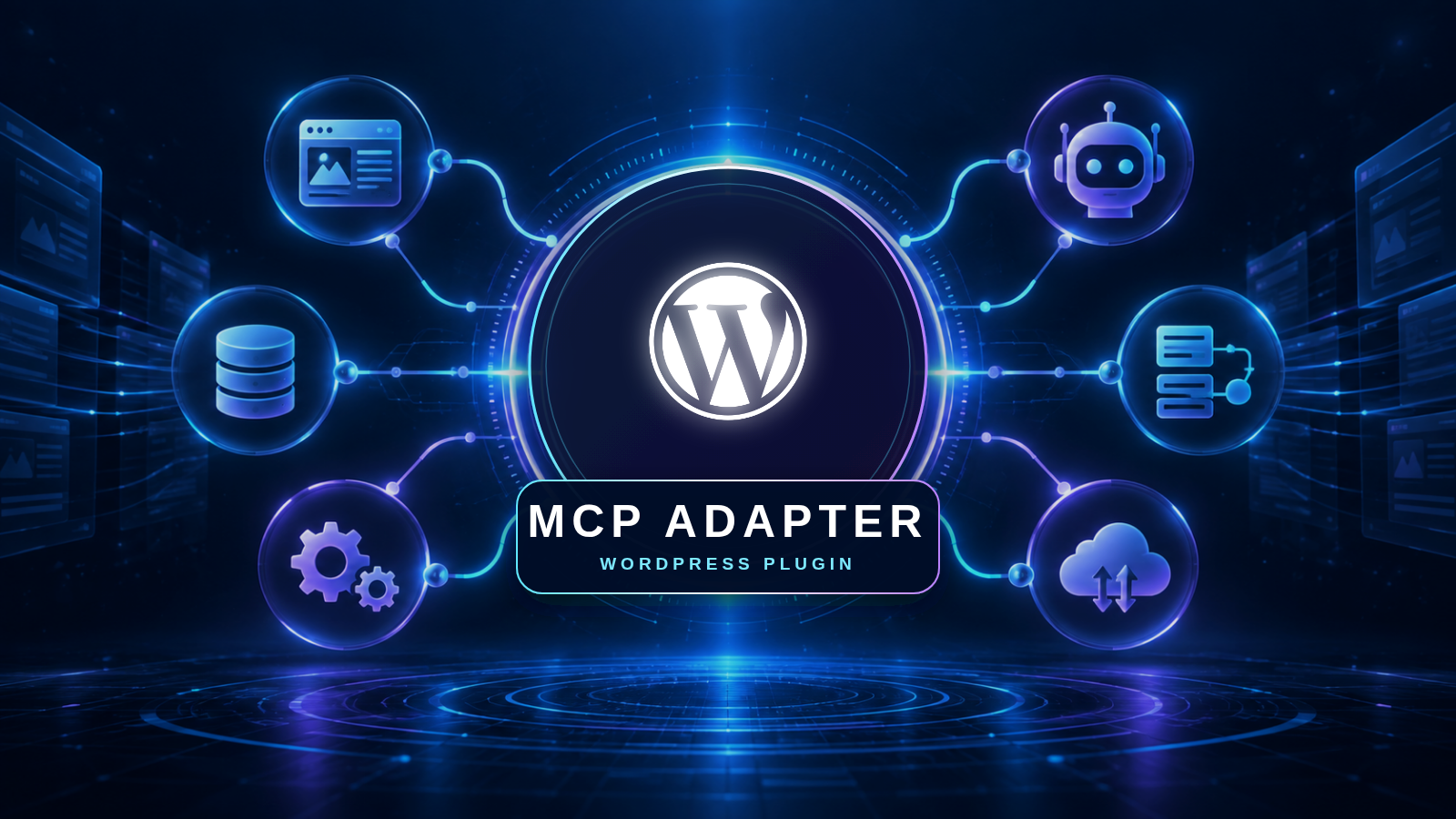 Official WordPress W mark in a glowing central hub connected to abstract website, database, automation, cloud, and AI-agent icons, labeled MCP Adapter — WordPress Plugin.