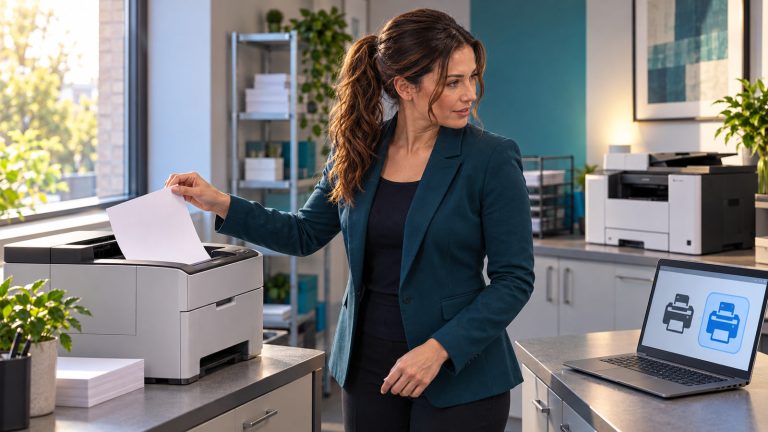 Jennifer Hudsen lifts a blank test page from one office printer while looking toward a second printer; a nearby laptop shows two abstract printer icons.