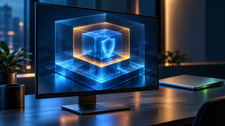 Abstract blue shield and layered cube representing a corrected WSL 2 security advisory.