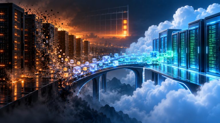 Cloud workloads cross a luminous data bridge from a shutting-down data center to healthy destination servers.